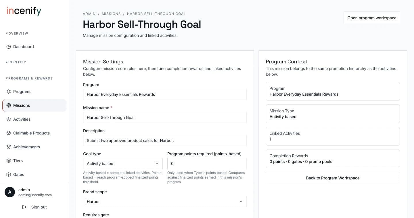 Actual Harbor mission workspace with its title, settings, two-approved-sales description, activity-based goal, brand scope and program-context panel.