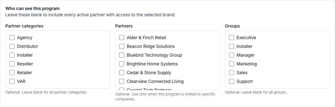 Actual Incenify program visibility controls with partner categories, individual partner companies, and participant groups.