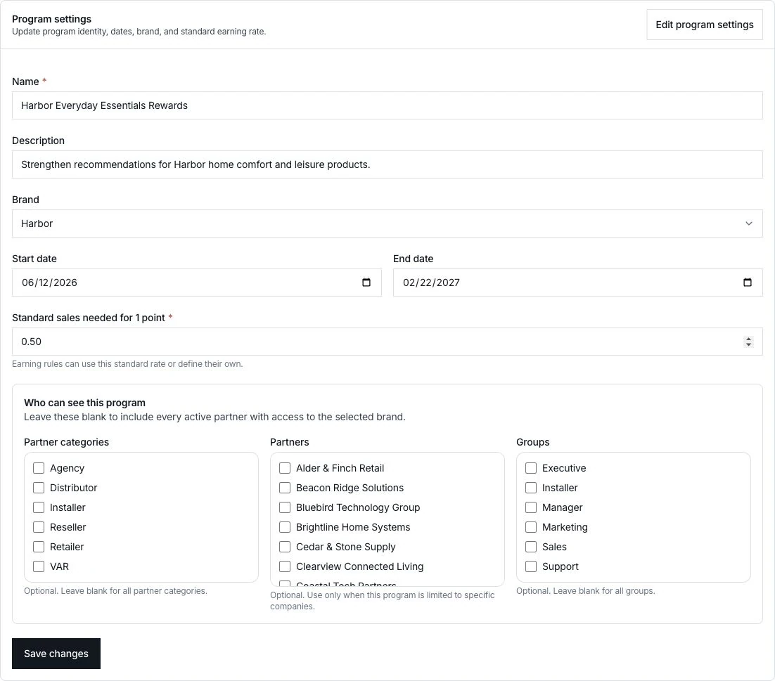 Actual Harbor program settings showing the program name, description, brand, date window, earning rate, audience controls and Save changes action together.