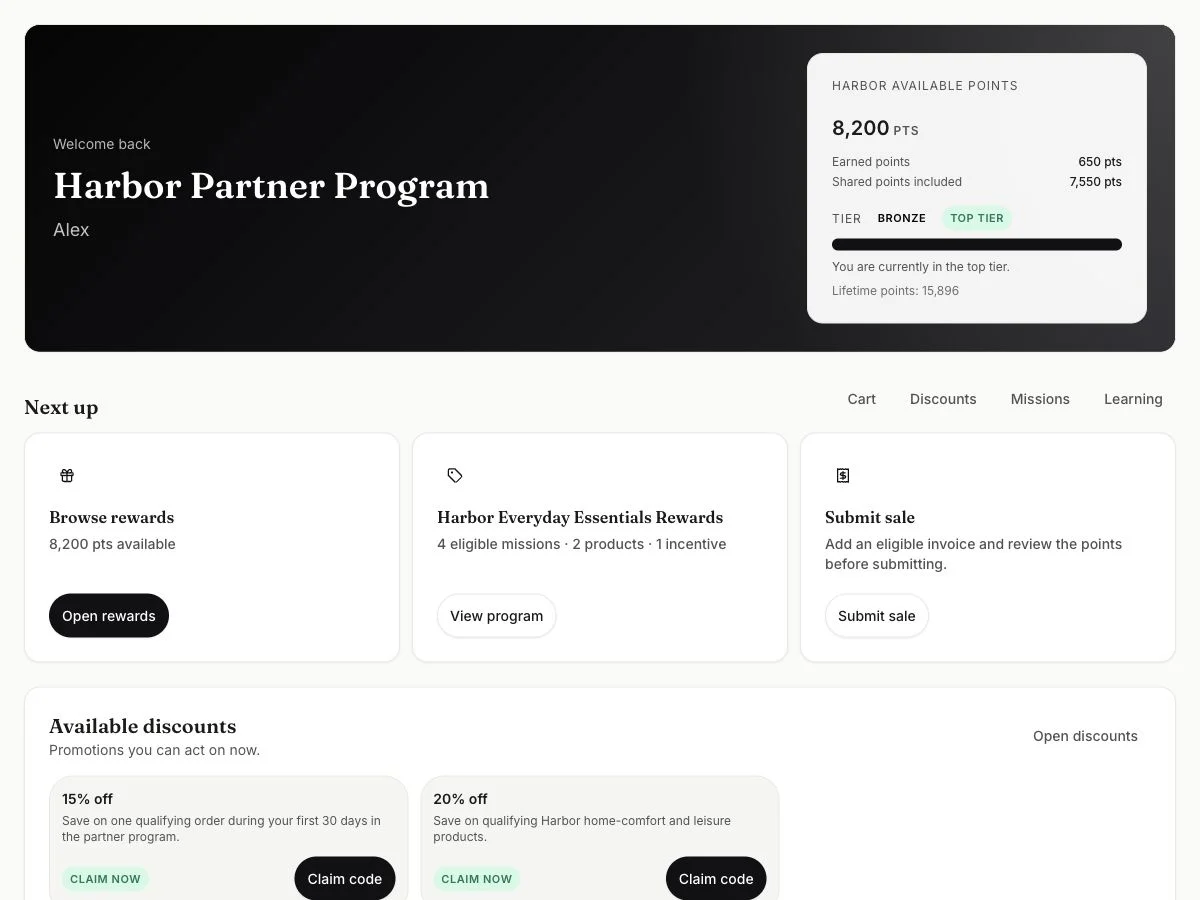 Incenify participant dashboard showing a synthetic Harbor partner program, available points, next actions, and discount offers.