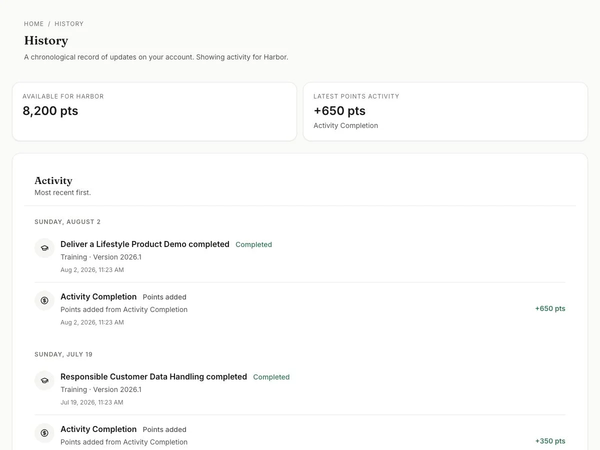 Incenify participant history page showing a synthetic points balance and chronological activity record.