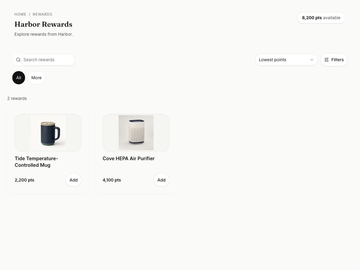 Incenify participant rewards catalog showing a synthetic points balance and two available product rewards.