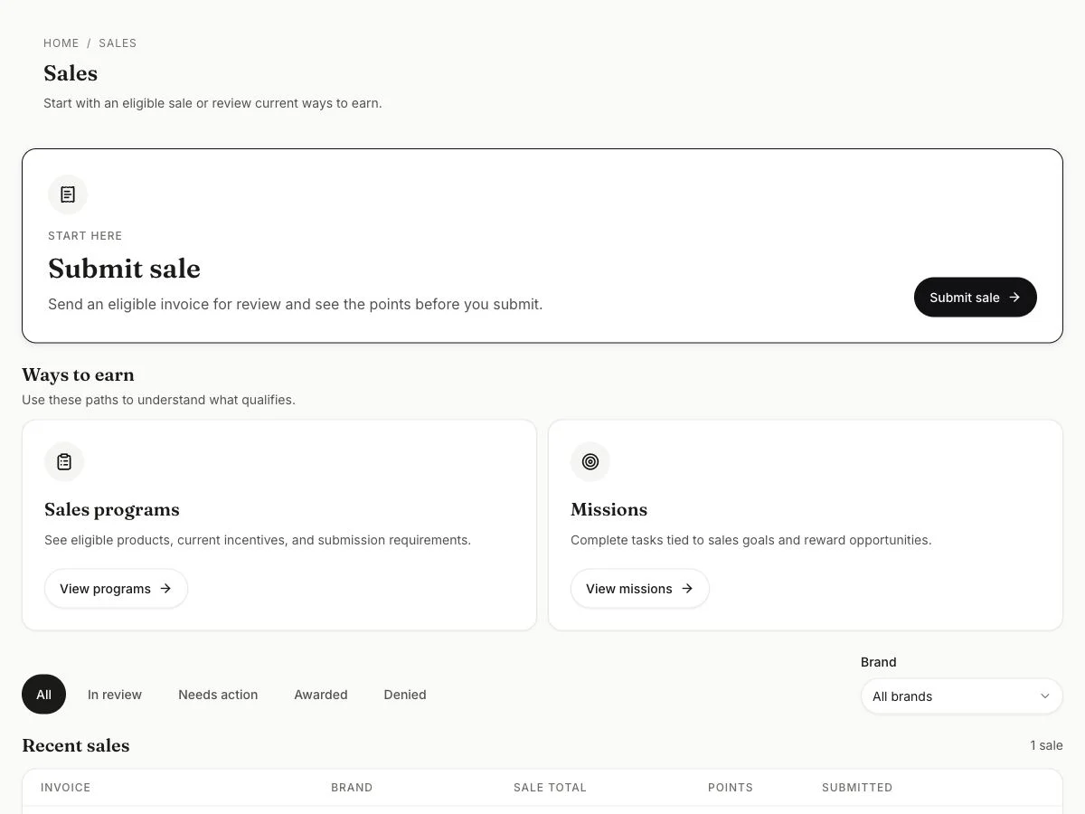 Incenify participant sales page with a prominent submit sale action and paths to sales programs and missions.