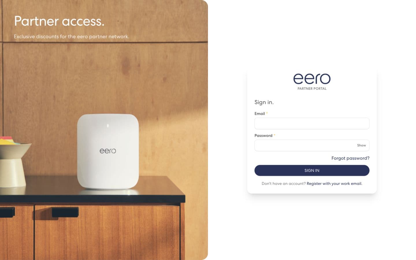 eero’s public partner login, with eero product photography and a branded sign-in form.